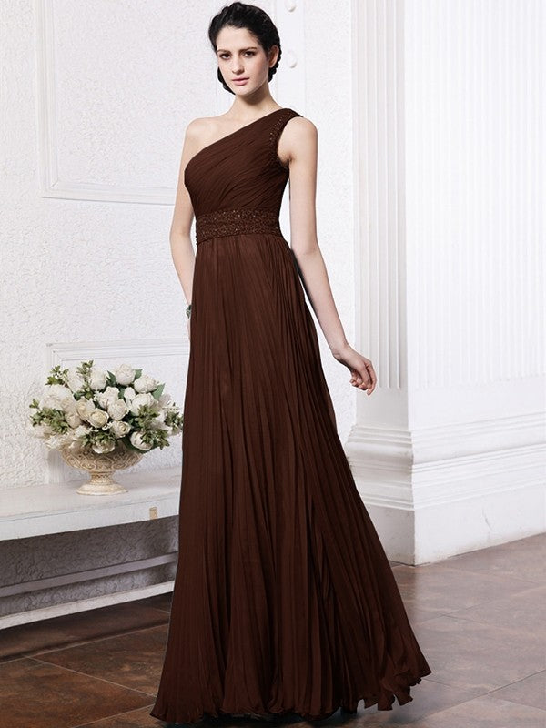 Sheath/Column One-Shoulder Sleeveless Beading Pleats Long Chiffon Bridesmaid Dresses CICIP0005588