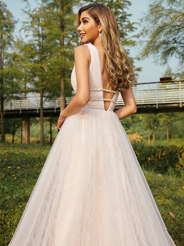 A-Line/Princess Tulle Ruffles V-neck Sleeveless Sweep/Brush Train Wedding Dresses CICIP0006441