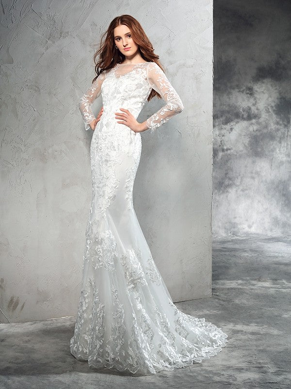 Sheath/Column Sheer Neck Lace Long Sleeves Long Net Wedding Dresses CICIP0006518