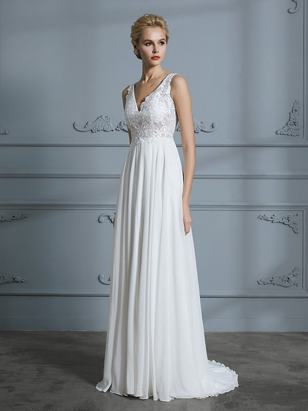 A-Line/Princess Sleeveless V-neck Sweep/Brush Train Chiffon Wedding Dresses CICIP0006388