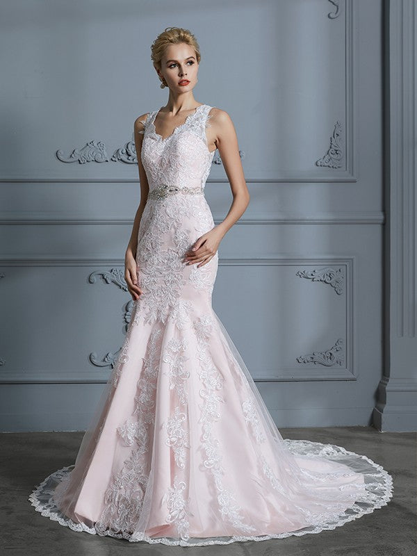 Trumpet/Mermaid V-neck Sleeveless Applique Tulle Court Train Wedding Dresses CICIP0006470