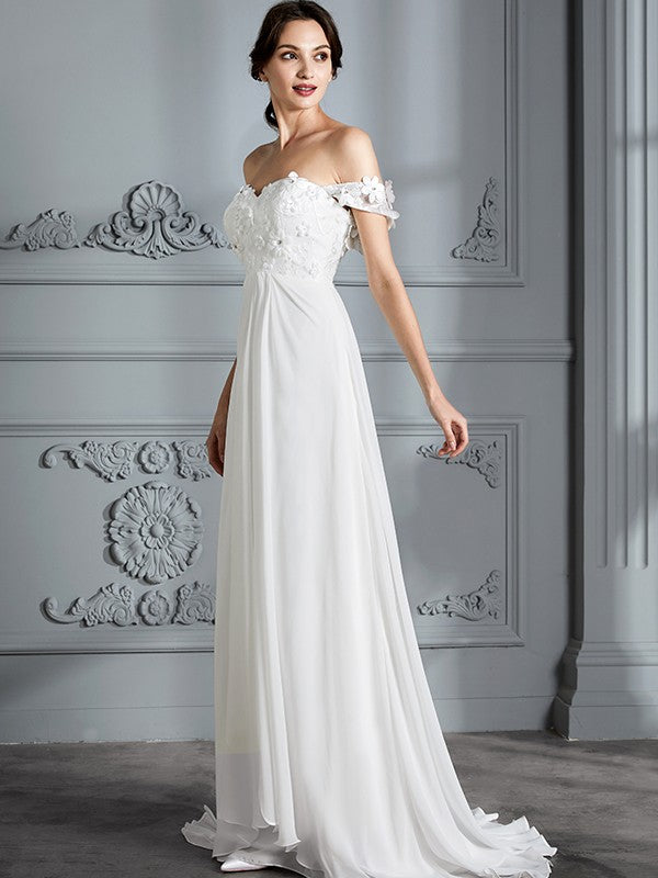 A-Line/Princess Off-the-Shoulder Sleeveless Chiffon Sweep/Brush Train Wedding Dresses CICIP0006370