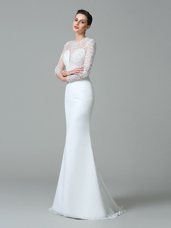 Trumpet/Mermaid Jewel Lace Long Sleeves Long Satin Wedding Dresses CICIP0006249