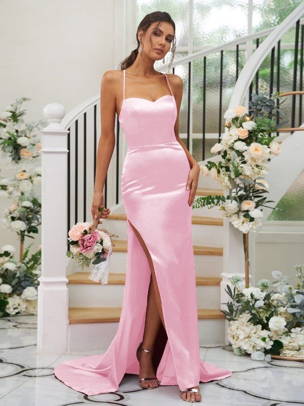 Sheath/Column Elastic Woven Satin Ruched Square Sleeveless Sweep/Brush Train Bridesmaid Dresses CICIP0004933