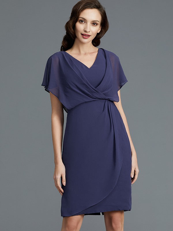 Sheath/Column V-neck Short Sleeves Chiffon Knee-Length Mother of the Bride Dresses CICIP0007259