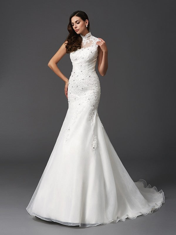 Trumpet/Mermaid High Neck Beading Sleeveless Long Organza Wedding Dresses CICIP0006227