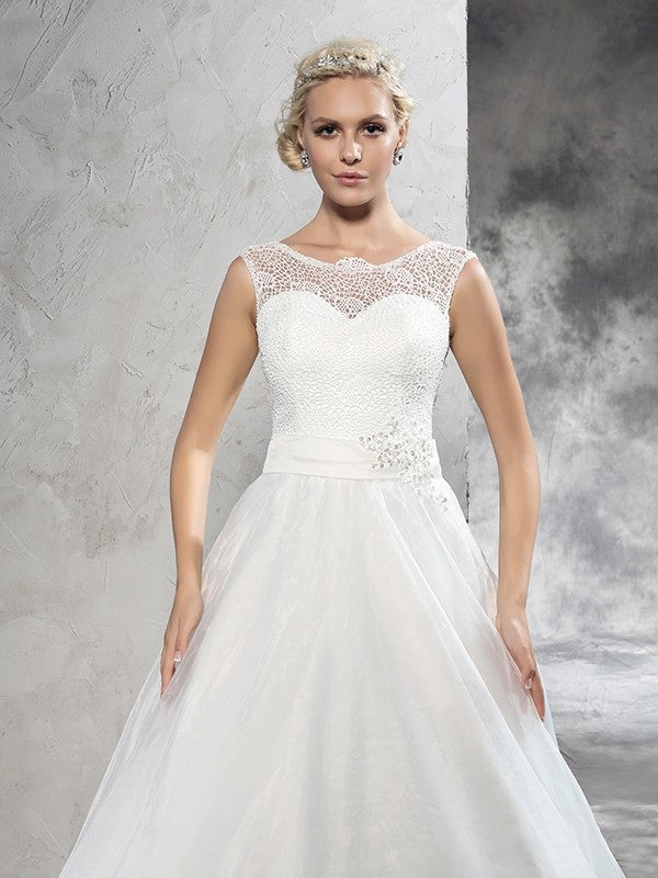 Ball Gown Sheer Neck Sash/Ribbon/Belt Sleeveless Long Net Wedding Dresses CICIP0006639