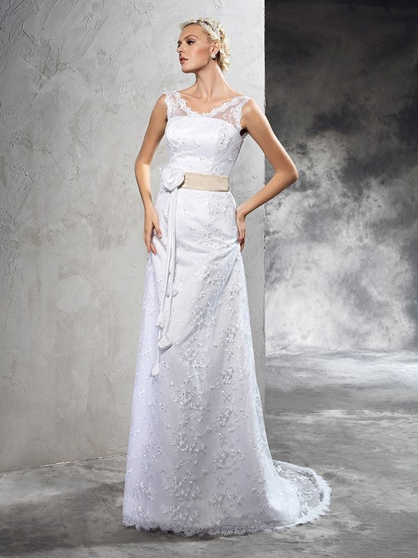 Sheath/Column Sheer Neck Hand-Made Flower Sleeveless Long Satin Wedding Dresses CICIP0006901