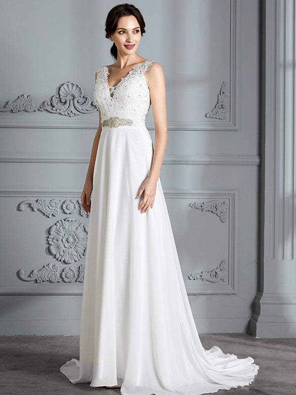 A-Line/Princess Sleeveless V-neck Sweep/Brush Train Chiffon Wedding Dresses CICIP0006487