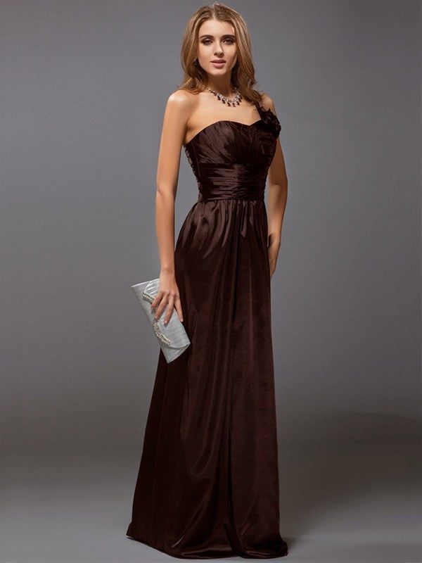 Sheath/Column One-Shoulder Sleeveless Ruffles Long Satin Bridesmaid Dresses CICIP0005611