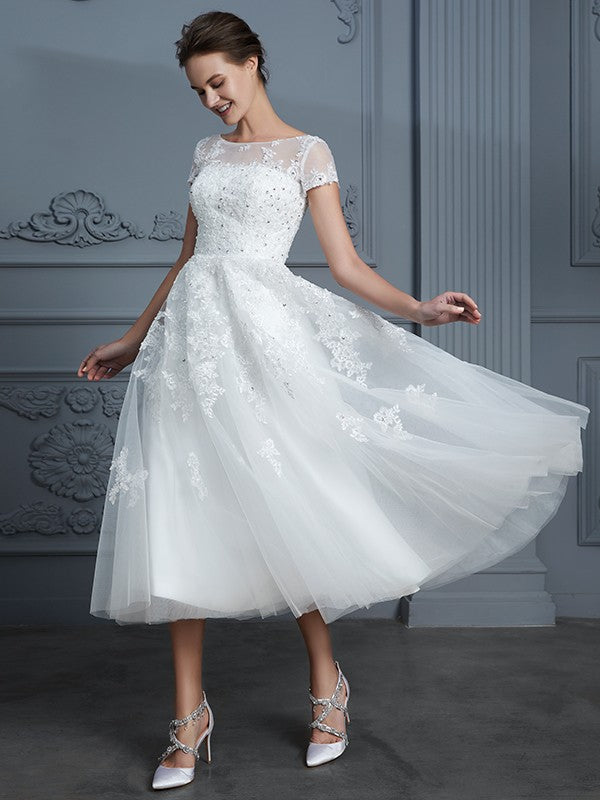 A-Line/Princess Scoop Short Sleeves Tea-Length Beading Tulle Wedding Dresses CICIP0006474