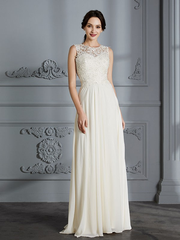 A-Line/Princess Scoop Chiffon Sleeveless Floor-Length Wedding Dresses CICIP0006190