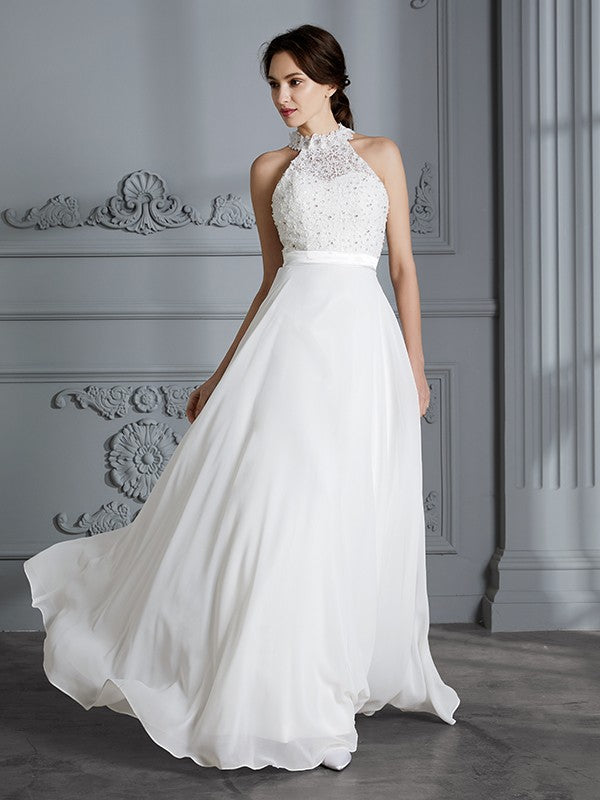 A-Line/Princess Scoop Sleeveless Floor-Length Chiffon Wedding Dresses CICIP0006361