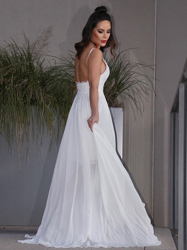 A-Line/Princess Applique Chiffon V-neck Sleeveless Sweep/Brush Train Wedding Dresses CICIP0006445