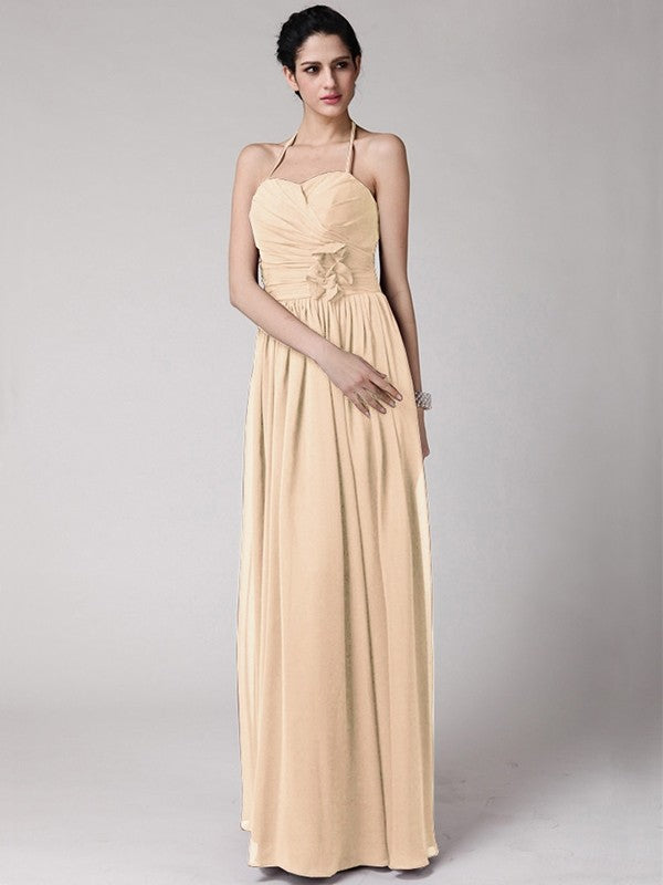 Sheath/Column Halter Sleeveless Hand-Made Flower Long Chiffon Bridesmaid Dresses CICIP0005817