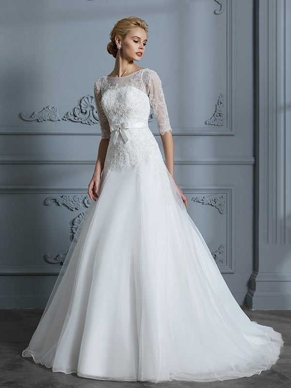 A-Line/Princess 1/2 Sleeves Scoop Lace Court Train Tulle Wedding Dresses CICIP0006509