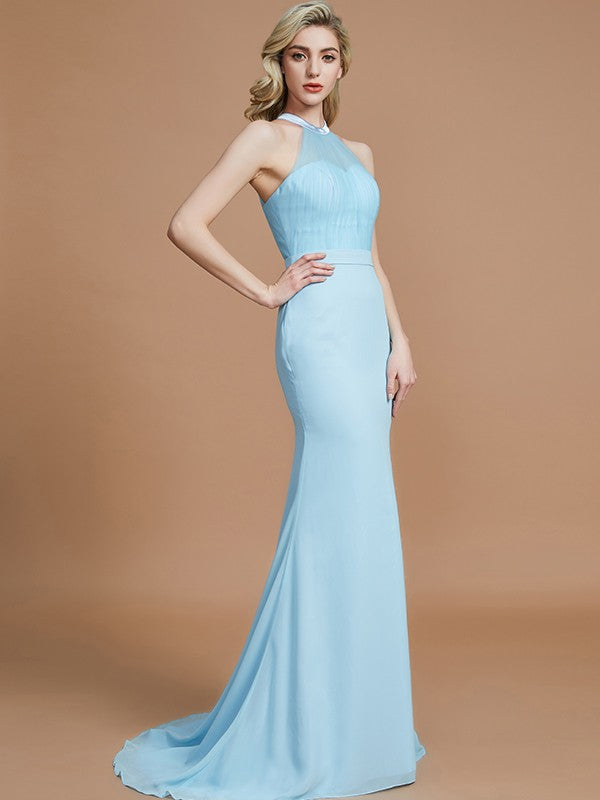 Trumpet/Mermaid Sleeveless Scoop Sweep/Brush Train Chiffon Bridesmaid Dresses CICIP0005142