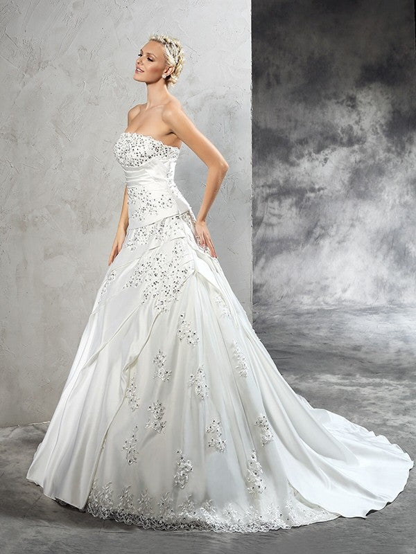 Ball Gown Strapless Beading Sleeveless Long Satin Wedding Dresses CICIP0006385