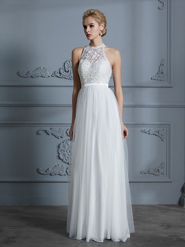 A-Line/Princess Scoop Sleeveless Tulle Floor-Length Wedding Dresses CICIP0006513