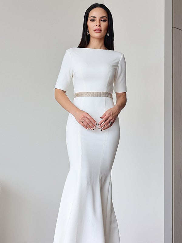 Sheath/Column Stretch Crepe Ruched Scoop 1/2 Sleeves Sweep/Brush Train Wedding Dresses CICIP0007027