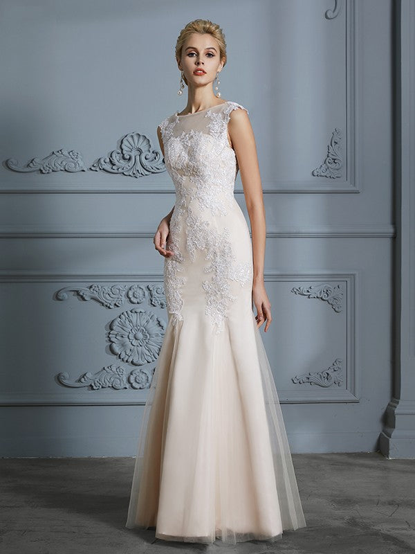 Trumpet/Mermaid Scoop Sleeveless Tulle Applique Floor-Length Wedding Dresses CICIP0006351