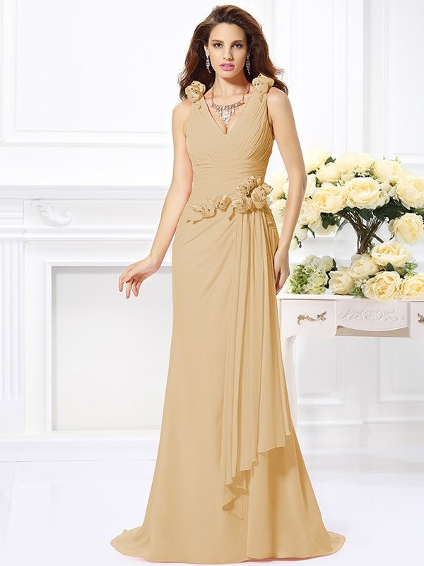 Trumpet/Mermaid V-neck Hand-Made Flower Sleeveless Long Chiffon Bridesmaid Dresses CICIP0005122