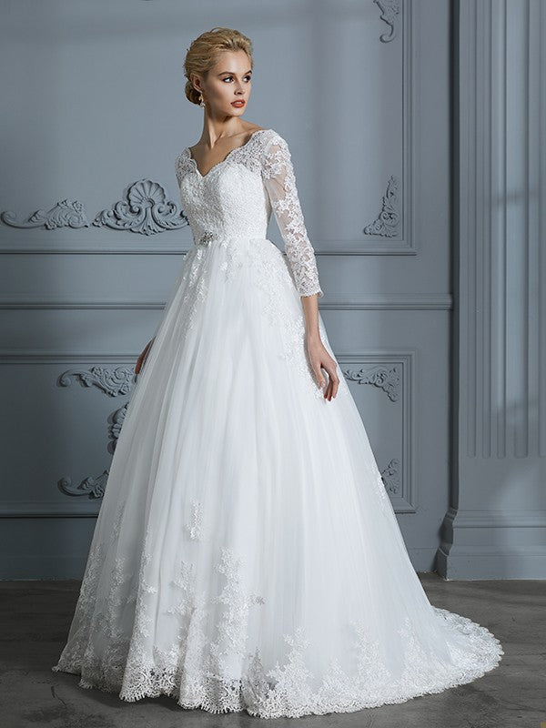 Ball Gown V-neck 3/4 Sleeves Court Train Lace Tulle Wedding Dresses CICIP0006428