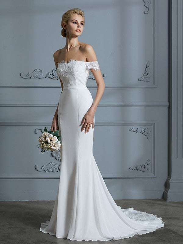 Trumpet/Mermaid Off-the-Shoulder Sleeveless Lace Chiffon Sweep/Brush Train Wedding Dresses CICIP0006339