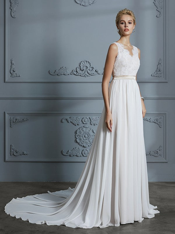 A-Line/Princess Sleeveless V-neck Chiffon Court Train Wedding Dresses CICIP0006288