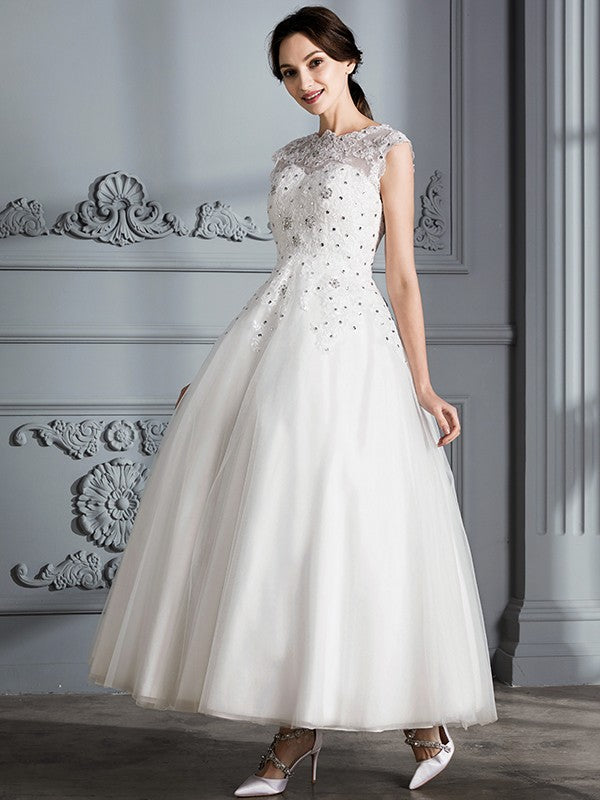 Ball Gown Scoop Sleeveless Tea-Length Tulle Wedding Dresses CICIP0006628