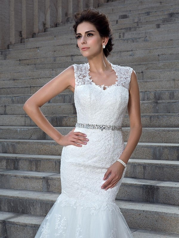 Trumpet/Mermaid V-neck Applique Sleeveless Long Lace Wedding Dresses CICIP0006368