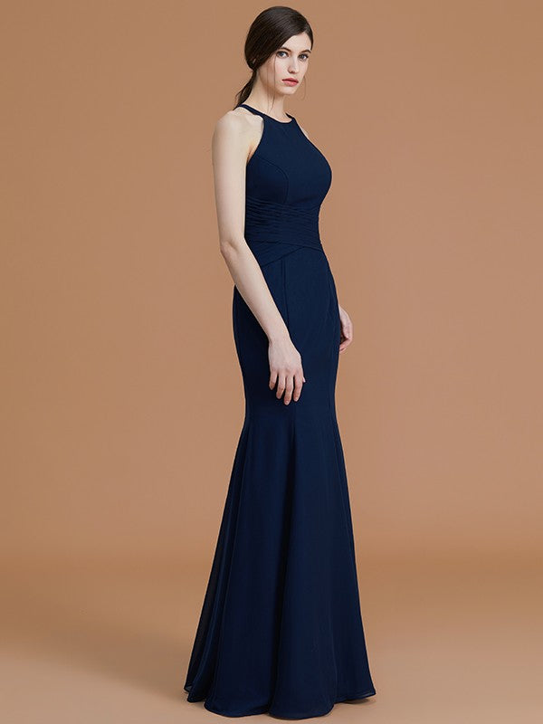 Trumpet/Mermaid Halter Sleeveless Floor-Length Ruched Chiffon Bridesmaid Dresses CICIP0005544