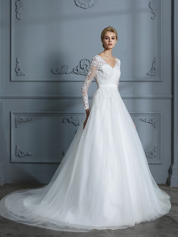 Ball Gown V-neck Long Sleeves Court Train Lace Tulle Wedding Dresses CICIP0006228