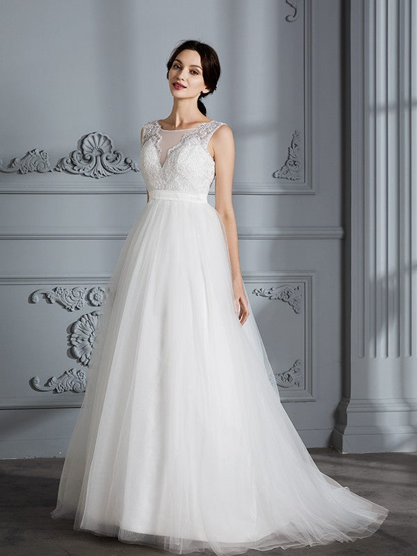 A-Line/Princess Sleeveless V-neck Sweep/Brush Train Tulle Wedding Dresses CICIP0006437