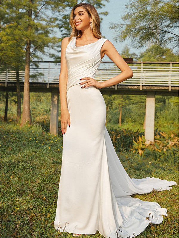 Sheath/Column Satin Ruched Scoop Sleeveless Sweep/Brush Train Wedding Dresses CICIP0006592