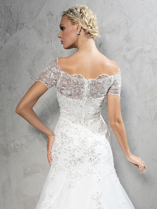 Sheath/Column Off-the-Shoulder Applique Short Sleeves Long Net Wedding Dresses CICIP0006450