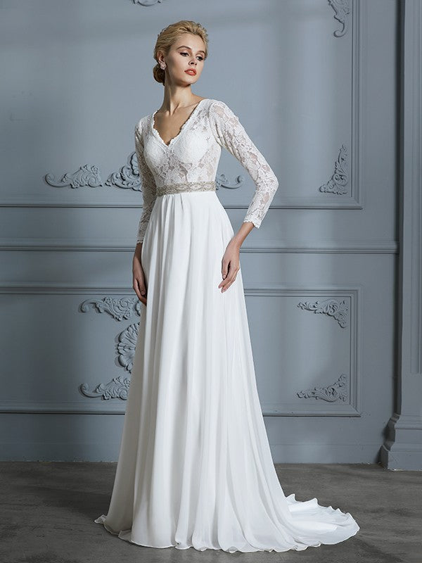 A-Line/Princess 3/4 Sleeves V-neck Lace Sweep/Brush Train Chiffon Wedding Dresses CICIP0006390