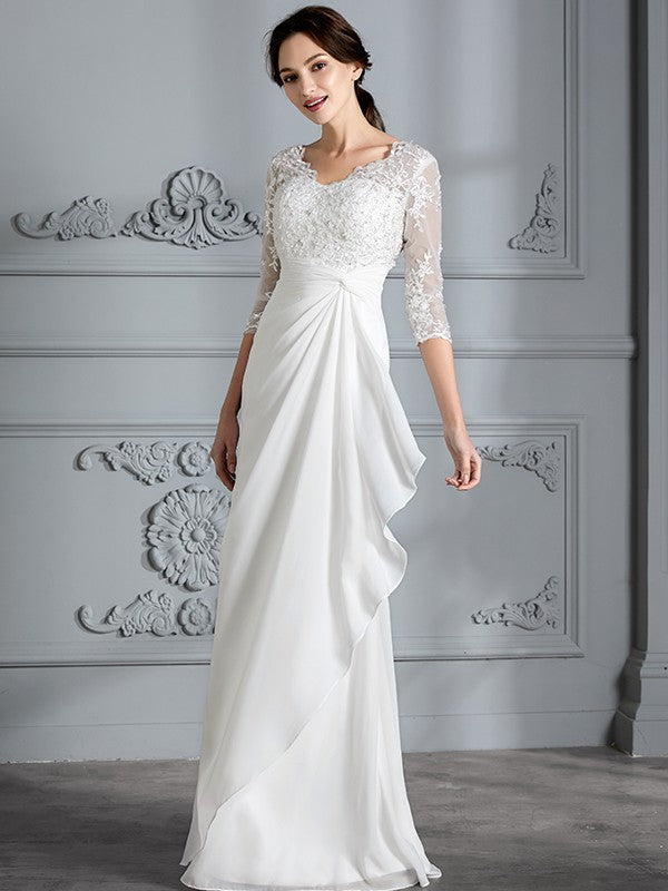 Sheath/Column V-neck 3/4 Sleeves Chiffon Floor-Length Wedding Dresses CICIP0006363