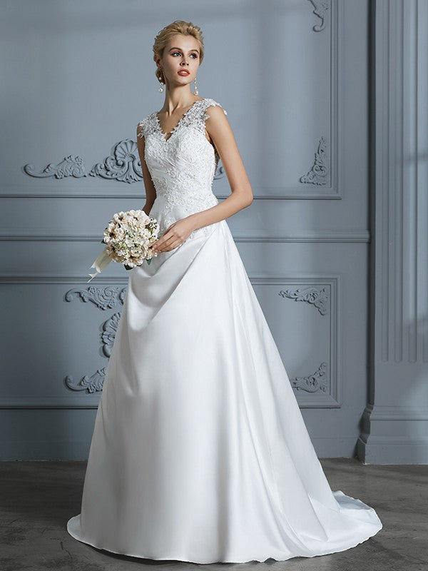 A-Line/Princess V-neck Sweep/Brush Train Sleeveless Applique Satin Wedding Dresses CICIP0006626