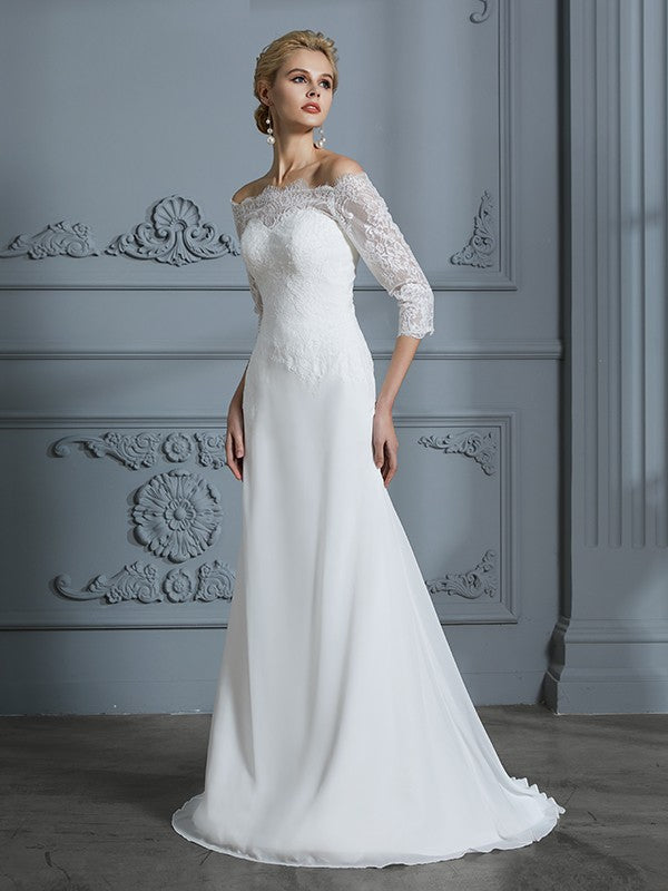 Trumpet/Mermaid 1/2 Sleeves Off-the-Shoulder Sweep/Brush Train Chiffon Wedding Dresses CICIP0006184