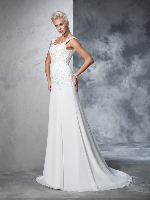 A-Line/Princess Straps Beading Sleeveless Long Chiffon Wedding Dresses CICIP0006465