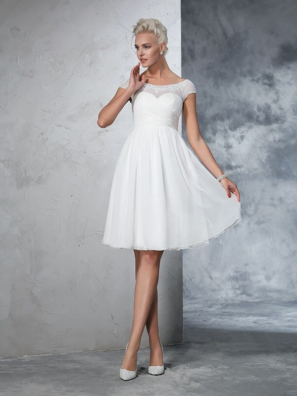 A-Line/Princess Sheer Neck Ruched Short Sleeves Short Chiffon Wedding Dresses CICIP0006652