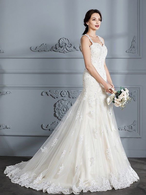 Trumpet/Mermaid Sweetheart Sleeveless Lace Court Train Wedding Dresses CICIP0006495