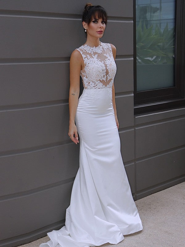 Trumpet/Mermaid Sleeveless Applique Scoop Satin Court Train Wedding Dresses CICIP0006530