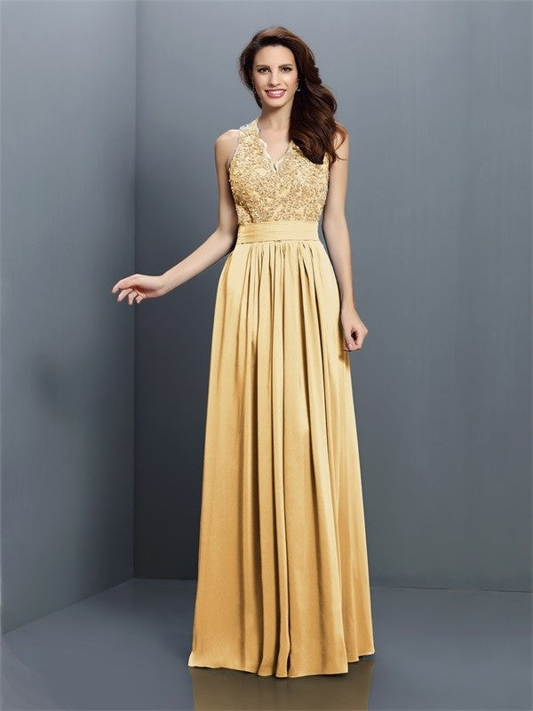 A-Line/Princess V-neck Applique Sleeveless Long Chiffon Bridesmaid Dresses CICIP0005255