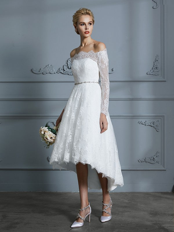 A-Line/Princess Long Sleeves Off-the-Shoulder Asymmetrical Lace Wedding Dresses CICIP0006338