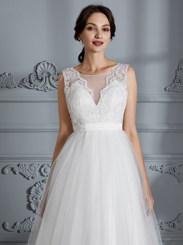 A-Line/Princess Sleeveless V-neck Sweep/Brush Train Tulle Wedding Dresses CICIP0006437