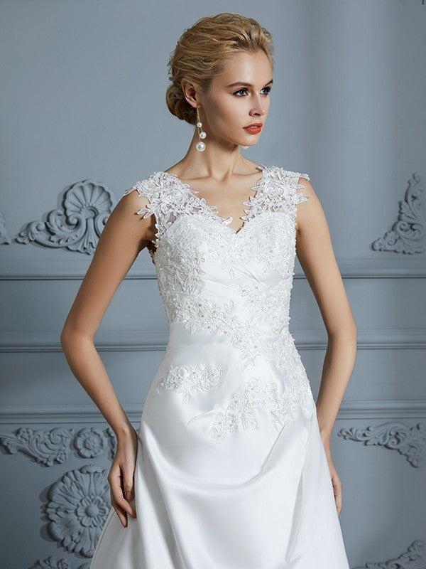 A-Line/Princess V-neck Sweep/Brush Train Sleeveless Applique Satin Wedding Dresses CICIP0006626