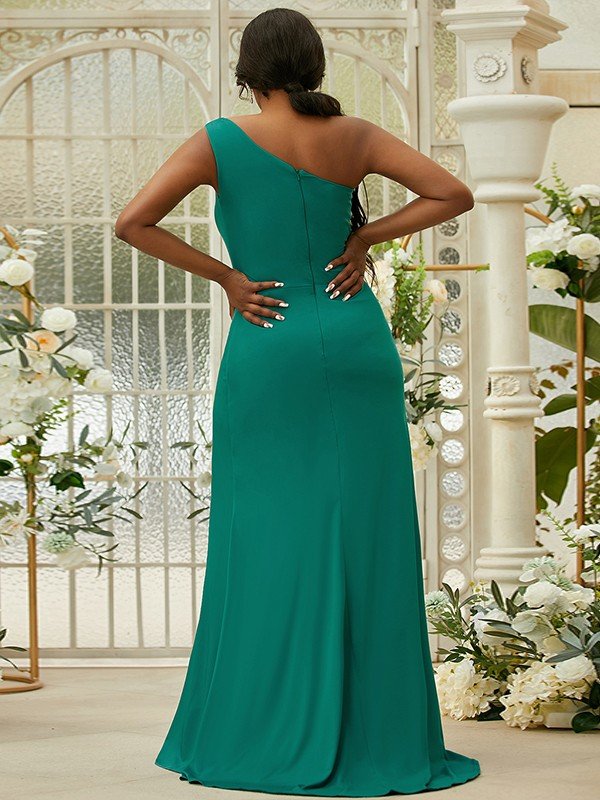 Sheath/Column Jersey Ruffles One-Shoulder Sleeveless Sweep/Brush Train Bridesmaid Dresses CICIP0004992