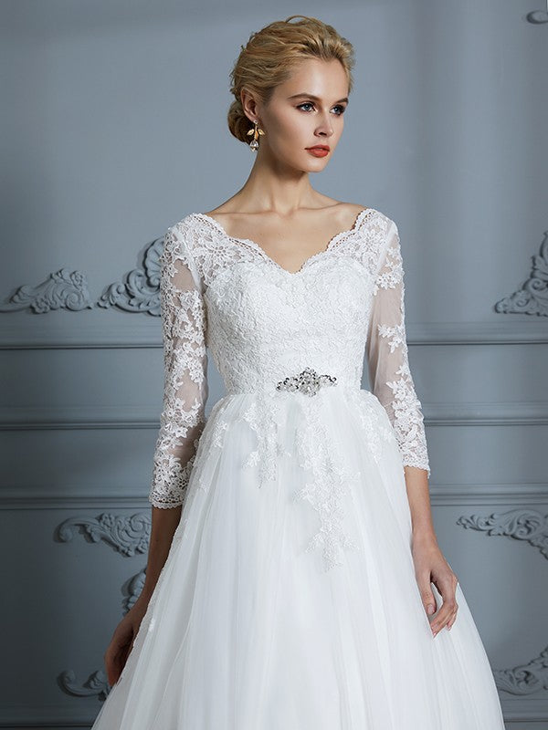 Ball Gown V-neck 3/4 Sleeves Court Train Lace Tulle Wedding Dresses CICIP0006428